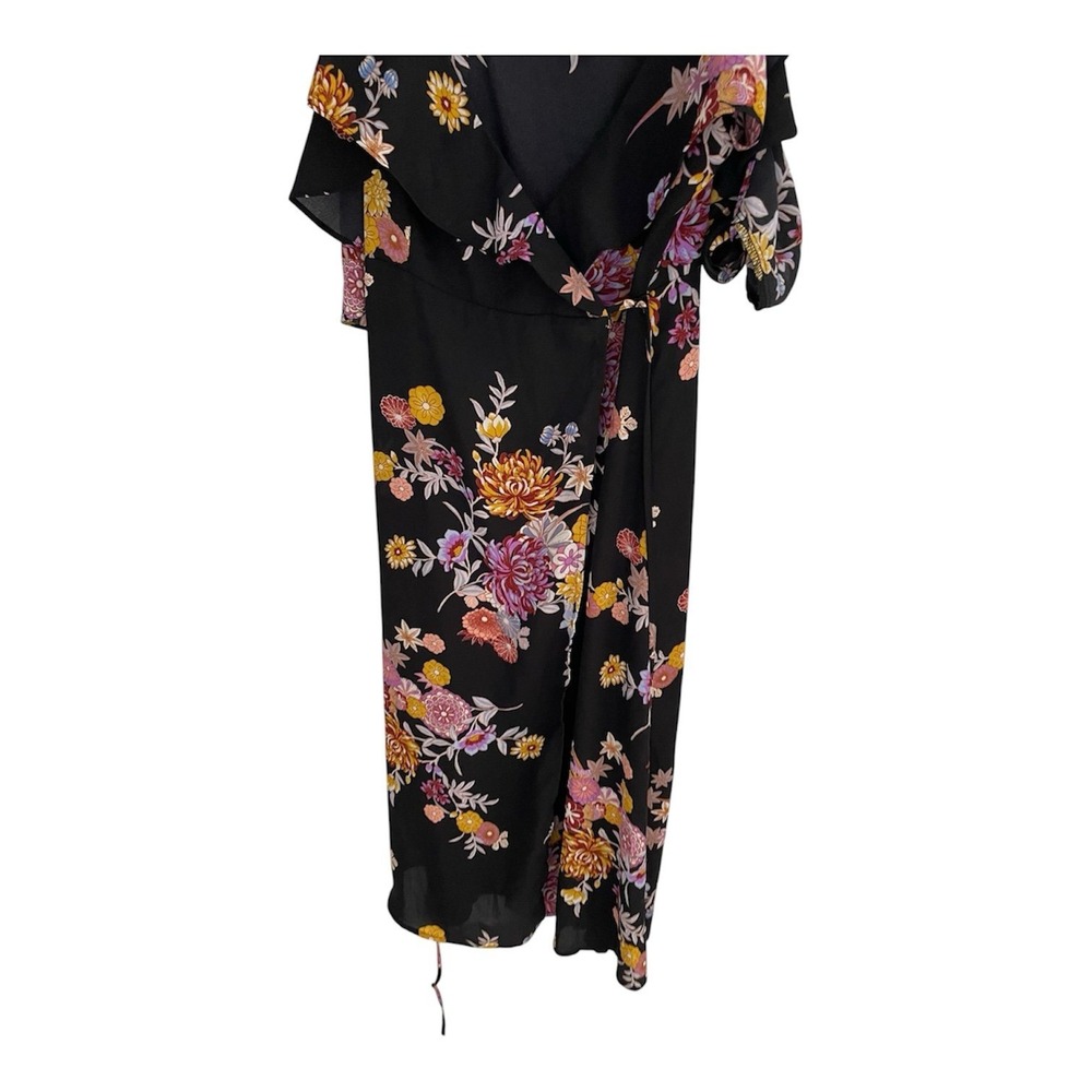 Forever 21 Contemporary Floral Wrap Midi Dress Black‎ Cold Shoulder Small - Picture 2 of 9